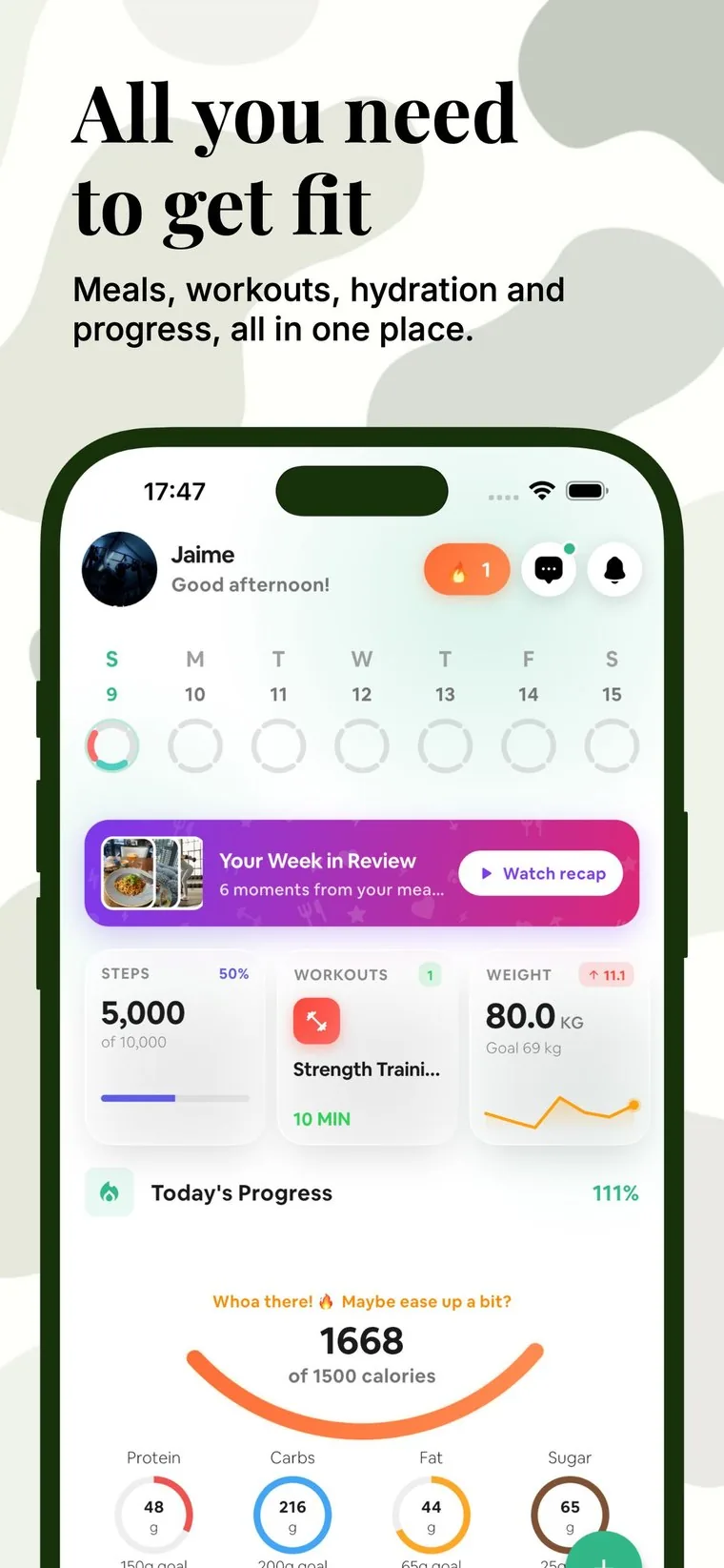 The EatWise dashboard on an iPhone, showing steps, workouts and today's progress