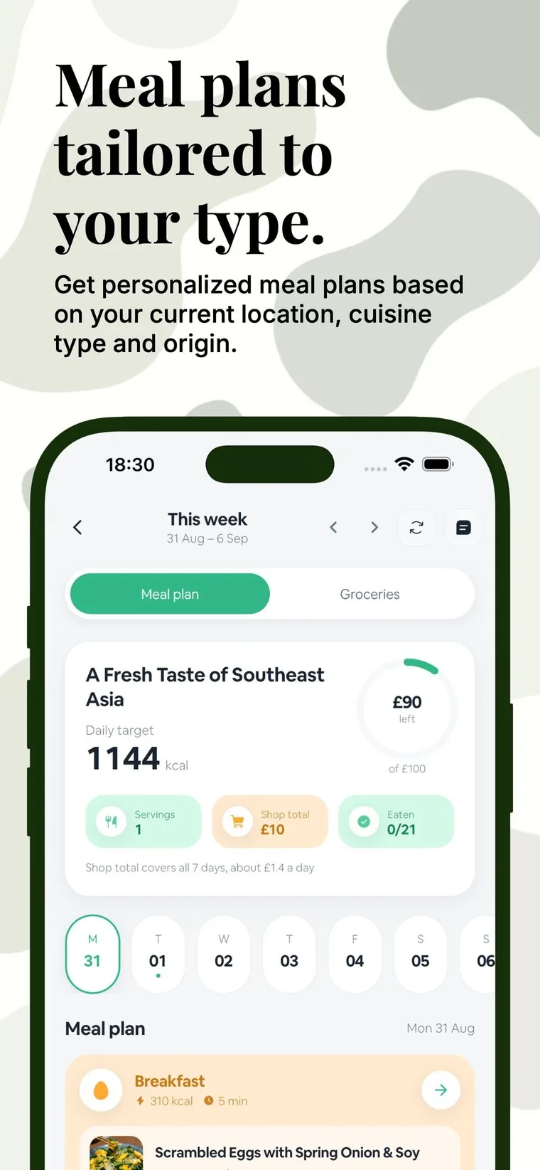 EatWise weekly meal plan with grocery list and budget